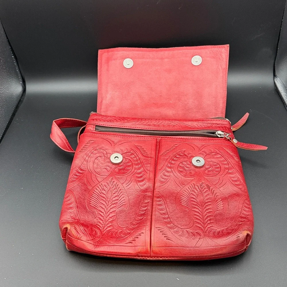 Red and Black Embossed Leather Crossbody Bag - Picture 3 of 13